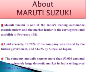 Maruti Suzuki is one of the India's leading automobile
manufacturers and the market leader in the car segment and
establish in February 1981.
Until recently, 18.28% of the company was owned by the
Indian government, and 54.2% by Suzuki of Japan.
The company annually exports more than 50,000 cars and
has an extremely large domestic market in India selling over
730,000 cars annually.
 