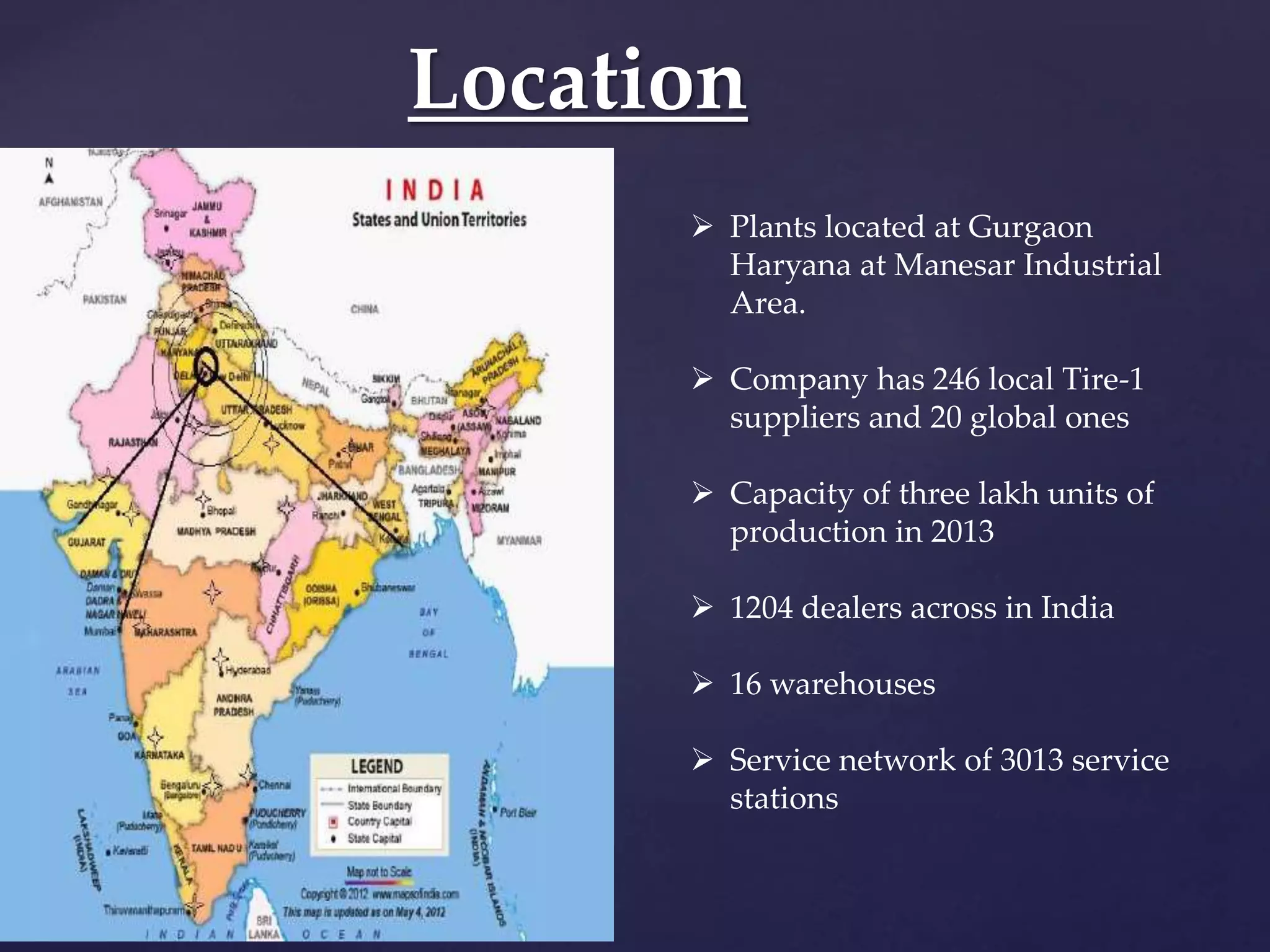 Location
 Plants located at Gurgaon
Haryana at Manesar Industrial
Area.
 Company has 246 local Tire-1
suppliers and 20 global ones
 Capacity of three lakh units of
production in 2013
 1204 dealers across in India
 16 warehouses
 Service network of 3013 service
stations
 
