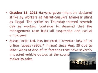 • October 13, 2011 Haryana government on declared
  strike by workers at Maruti-Suzuki's Manesar plant
  as illegal. The strike on Thursday entered seventh
  day as workers continue to demand that the
  management take back all suspended and casual
  employees.
• Suzuki India Ltd. has incurred a revenue loss of 15
  billion rupees ($306.7 million) since Aug. 29 due to
  labor woes at one of its factories that have severely
  impacted vehicle output at the country's largest car
  maker by sales.
 
