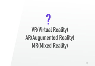 VR(Virtual Reality)
AR(Augumented Reality)
MR(Mixed Reality)
32
?
 