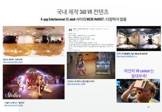 46
국내 제작 360 VR 컨텐츠
다임피스의 베이스캠프(웹드라마)
https://youtu.be/sytj_yAp5fQ
밤비노 360 VR “ 오빠오빠”
https://youtu.be/ALKM_jGCpkk
스텔라 쇼케이스 “떨려요”
https://youtu.be/n6CrTsoKQj0
인피니트(INFINITE) "Bad" Official MV (360 VR)
https://youtu.be/BNqW6uE-Q_o
여전히 VR content 는
절대부족!
K-pop Entertainmnet 와 adult 사이의 NICHE MARKET : 다양하지 않음
 