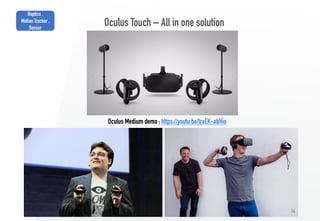 54
Oculus Touch – All in one solution
Oculus Medium demo : https://youtu.be/IreEK-abHio
Haptics ,
Motion Tracker ,
Sensor
 