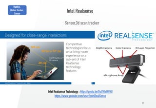 57
Intel Realsense
Sensor,3d scan,tracker
Intel Realsense Technology : https://youtu.be/DuUVIat40YU
https://www.youtube.com/user/IntelRealSense
Haptics ,
Motion Tracker ,
Sensor
 