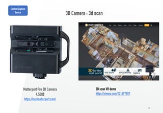62
3D Camera : 3d scan
Matterport Pro 3D Camera
4,500$
https://buy.matterport.com/
Content Capture
Device
3D scan VR demo
https://vimeo.com/131497987
 