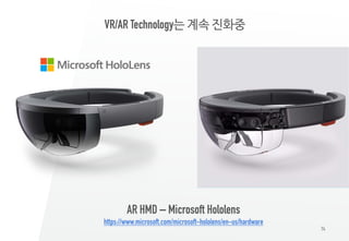 74
AR HMD – Microsoft Hololens
https://www.microsoft.com/microsoft-hololens/en-us/hardware
VR/AR Technology는 계속 진화중
 