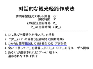 対話的な観光経路作成法 
1. に基づき最適化を行い， を得る 
2. の場合(巡回時間＜隙間時間) 
3. からk 箇所追加してできる全ての を列挙 
4. 全 に関して を計算し， をユーザへ提示 
5. ある が選択されれば 後１へ, 
選択されなければ終了 
U opt P 
C T opt (P )  
U U' 
U' opt P' 
U' 
| ( ) ( ' ) | opt opt C P C P 
U'U 
訪問希望観光スポット集合 
隙間時間 
の最短巡回経路 
の巡回時間 
opt P 
opt P ( ) opt C P 
U 
U 
T 
 