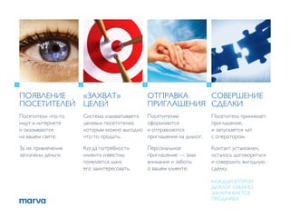 1                       2                           3                            4

    ПОЯВЛЕНИЕ               «ЗАХВАТ»                    ОТПРАВКА    СОВЕРШЕНИЕ
    ПОСЕТИТЕЛЕЙ             ЦЕЛЕЙ                       ПРИГЛАШЕНИЯ СДЕЛКИ
    Посетители что-то       Система «захватывает»       Посетителям                  Посетитель принимает
    ищут в интернете        целевых посетителей,        оформляются                  приглашение,
    и оказываются           которым можно выгодно       и отправляются               и запускается чат
    на вашем сайте.         что-то продать.             приглашения на диалог.       с оператором.

    За их привлечение       Когда потребности           Персональное                 Контакт установлен,
    заплачены деньги.       клиента известны,           приглашение — знак           осталось договориться
                            появляется шанс             внимания и заботы            и совершить выгодную
                            его заинтересовать.         о вашем клиенте.             сделку.

                                                                                     КАЖДЫЙ ВТОРОЙ
                                                                                     ДИАЛОГ ОБЫЧНО
                                                                                     ЗАКАНЧИВАЕТСЯ
                                                                                     ПРОДАЖЕЙ.
 