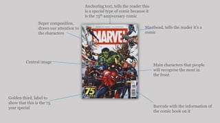 Main characters that people
will recognise the most in
the front
Golden third, label to
show that this is the 75
year special Barcode with the information of
the comic book on it
Masthead, tells the reader it’s a
comic
Super composition,
draws our attention to
the characters
Central image
Anchoring text, tells the reader this
is a special type of comic because it
is the 75th anniversary comic
 