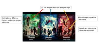 Having three different
Colours makes the poster
Stand out.
All the images show the avengers logo
All the images show the
Characters
People are interacting
With the characters
 