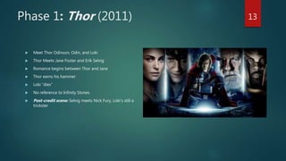 Phase 1: Thor (2011)
 Meet Thor Odinson, Odin, and Loki
 Thor Meets Jane Foster and Erik Selvig
 Romance begins between Thor and Jane
 Thor earns his hammer
 Loki “dies”
 No reference to Infinity Stones
 Post-credit scene: Selvig meets Nick Fury, Loki’s still a
trickster
13
 