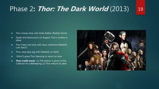 Phase 2: Thor: The Dark World (2013)
 Thor misses Jane, who finds Aether (Reality Stone)
 Death and destruction on Asgard, Thor’s mother is
killed
 Thor Frees Loki and, with Jane, confronts Malekith,
Loki dies(?)
 Thor, Jane play tag with Malekith on Earth
 Odin(?) gives Thor blessing to return to Jane
 Post-credit scene: (1) The Aether is given to the
Collector for safekeeping; (2) Thor returns to Jane
19
 