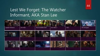Lest We Forget: The Watcher
Informant, AKA Stan Lee
Captain America Iron Man The Incredible Hulk Iron Man 2 Thor The Avengers
Iron Man
Iron Man 3 Thor: The Dark World
Captain America: The
Winter Soldier
Guardians of the Galaxy Avengers: The Age of
Ultron Ant-Man
Captain America: Civil
War Doctor Strange
Guardians of the Galaxy,
Vol. 2
Spider-Man:
Homecoming Thor: Ragnarok Black Panther
44
 