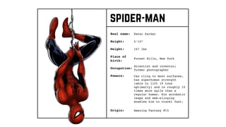 spider-man
Real name:
Height:
Weight:
Occupation:
Origin:
Peter Parker
Place of
birth:
5’10”
167 lbs
Forest Hills, New York
Scientist and inventor;
former photographer
Amazing Fantasy #15
Powers: Can cling to most surfaces,
has superhuman strength
(able to lift 10 tons
optimally) and is roughly 15
times more agile than a
regular human. His acrobatic
leaps and web-slinging
enables him to travel fast.
 