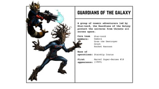 guardians of the galaxy
Core team
members:
A group of cosmic adventurers led by
Star-Lord, the Guardians of the Galaxy
protect the universe from threats all
across space.
Base of
operations:
First
appearance:
Star-Lord
Gamora
Drax the Destroyer
Groot
Rocket Raccoon
Starship Icarus
Marvel Super-Heroes #18
(1969)
 