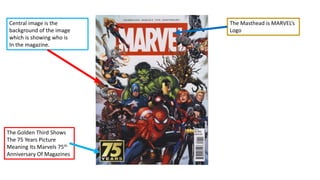 The Golden Third Shows
The 75 Years Picture
Meaning Its Marvels 75th
Anniversary Of Magazines
Central image is the
background of the image
which is showing who is
In the magazine.
The Masthead is MARVEL’s
Logo
 