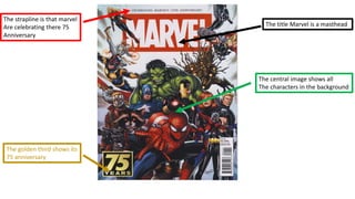 The golden third shows its
75 anniversary
The title Marvel is a masthead
The strapline is that marvel
Are celebrating there 75
Anniversary
The central image shows all
The characters in the background
 