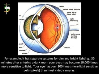 For example, it has separate systems for dim and bright lighting. 30
minutes after entering a dark room your eyes may become 10,000 times
more sensitive to light. Your eye has over 100 times more light sensitive
cells (pixels) than most video cameras.
 