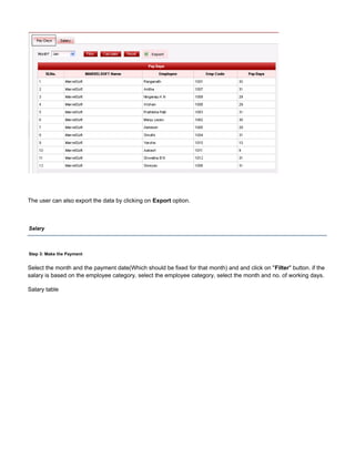 The user can also export the data by clicking on option.Export
Salary
Step 3: Make the Payment
Select the month and the payment date(Which should be fixed for that month) and and click on " " button. if theFilter
salary is based on the employee category, select the employee category, select the month and no. of working days.
Salary table
 
