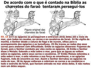 De acordo com o que é contado na Bíblia as charretes do faraó  tentaram perseguí-los Figura original das charretes do faraó EX. 14  23  E os egípcios os perseguiram e entraram atrás deles até o meio do mar, com todos os cavalos, os carros e os cavaleiros do faraó. 24 Na vigília da manhã, o Senhor desde a coluna de fogo e de nuvem, olhou para o acampamento dos egipcios e os tumultuou. 25 Ele travou as rodas dos seus carros para andarem com dificuldade. Então os egípcios disseram: Fujamos de Israel, pois o Senhor combate por eles conta os egípcios. 26 Então o Senhor disse a Moisés: Estende a mão sobre o mar, para que as águas se voltem sobre os egípcios, sobre seus carros e cavaleiros. 27 Então Moises estendeu a mão sobre o mar, e este retomou a sua força ao amanhecer, e os egípcios fugiram, indo de encontro ao mar. Assim o Senhor derrubou os egípcios no meio do mar. 28 As águas voltaram e cobriram os carros e os cavaleiros e todo o exército do faraó, que haviam entrado no mar atrás deles. E não restou nem um deles sequer . 