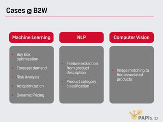 Cases @ B2W
Machine Learning NLP Computer Vision
• Buy Box
optimization
• Forecast demand
• Risk Analysis
• Ad optimization 
• Dynamic Pricing
• Feature extraction
from product
description
• Product category
classification
• Image matching to
find associated
products
 
