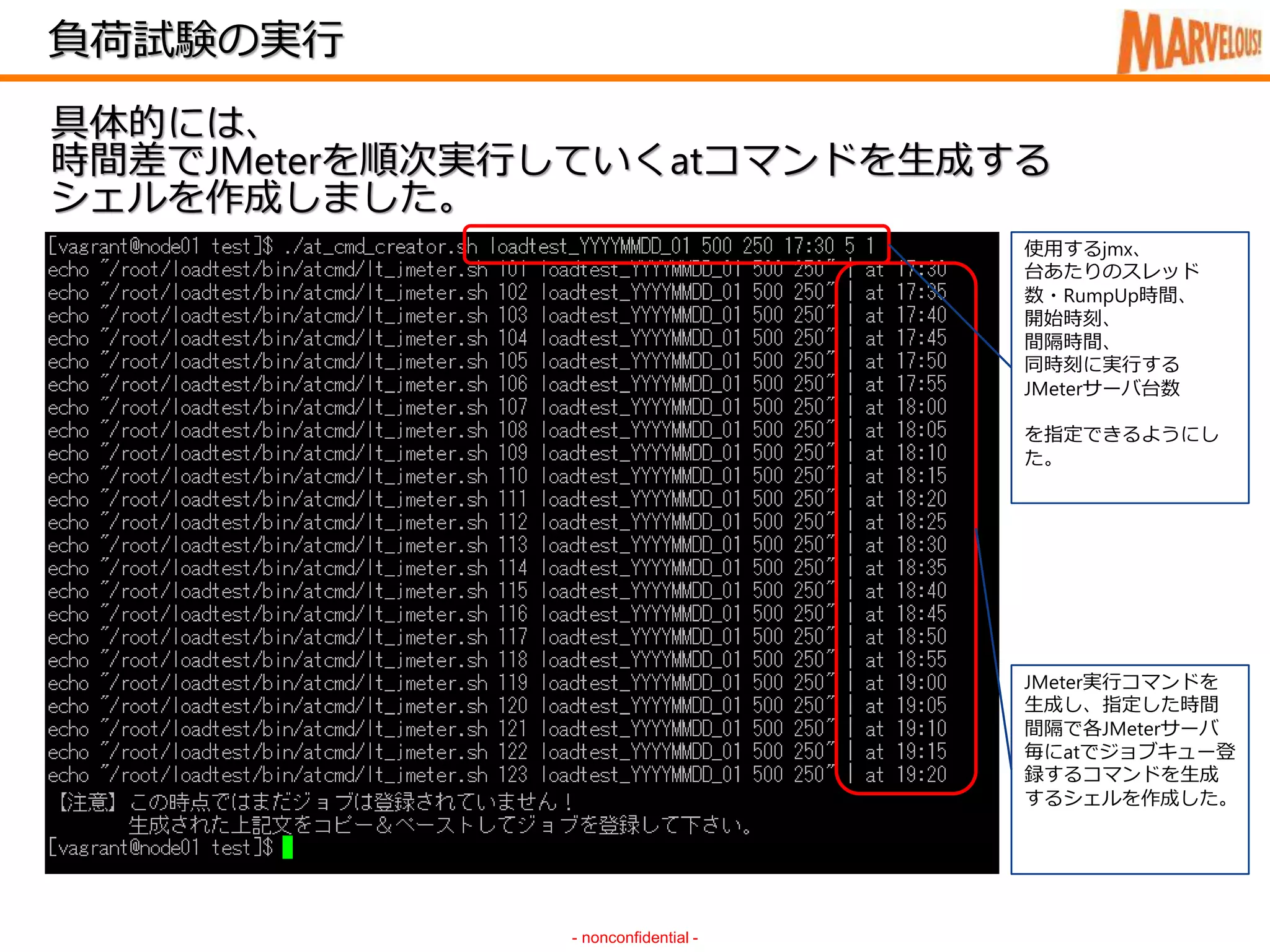 負荷試験の実行
- nonconfidential -
具体的には、
時間差でJMeterを順次実行していくatコマンドを生成する
シェルを作成しました。
JMeter実行コマンドを
生成し、指定した時間
間隔で各JMeterサーバ
毎にatでジョブキュー登
録するコマンドを生成
するシェルを作成した。
使用するjmx、
台あたりのスレッド
数・RumpUp時間、
開始時刻、
間隔時間、
同時刻に実行する
JMeterサーバ台数
を指定できるようにし
た。
 