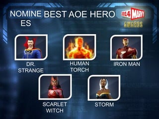 BEST AOE HERONOMINE
ES
SCARLET
WITCH
STORM
IRON MANDR.
STRANGE
HUMAN
TORCH
 