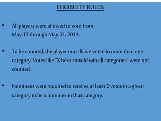 ELIGIBILITY RULES:
• Allplayers were allowed to vote from
May 13 throughMay 31, 2014.
• To be counted, the player musthave voted in more thanone
category. Votes like “Xhero should win allcategories” were not
counted.
• Nomineeswere required to receive at least 2 votes in a given
category to be a nomineein thatcategory.
 