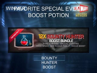 FAVORITE SPECIAL EVENT
BOOST POTION
WINNER
BOUNTY
HUNTER
BOOST
 