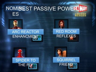 BEST PASSIVE POWERNOMINE
ES
RED ROOM
REFLEXES
ARC REACTOR
ENHANCMENT
SPIDER TO
THE FLY
SQUIRREL
FRIEND
 
