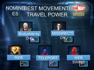 BEST MOVEMENT/
TRAVEL POWER
NOMINE
ES
Bodyslide by
One
TELEPORT WEB
SWING
MISDIRECTI
ON
RIDE
 