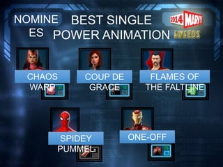 BEST SINGLE
POWER ANIMATION
NOMINE
ES
ONE-OFF
COUP DE
GRACE
CHAOS
WARP
FLAMES OF
THE FALTLINE
SPIDEY
PUMMEL
 