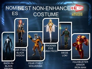 BEST NON-ENHANCED
COSTUME
NOMINE
ES
BACK-IN-
BLACK
FEAR ITSELF
WOLVERINE
FEAR ITSELF
BLACK
WIDOW
SIEGE
LOKI
PHOENIX
FIVE
EMMA FROST
HULKBUSTER
ARMOR
IRON MAN
 