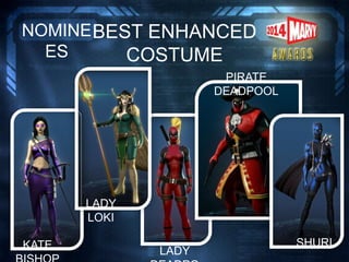 BEST ENHANCED
COSTUME
NOMINE
ES
KATE
LADY
LOKI
PIRATE
DEADPOOL
LADY
SHURI
 