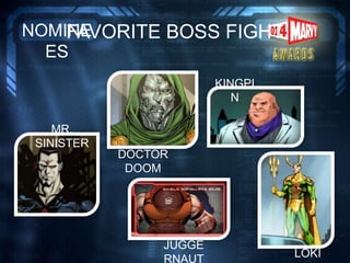 FAVORITE BOSS FIGHTNOMINE
ES
KINGPI
N
MR.
SINISTER
LOKI
DOCTOR
DOOM
JUGGE
RNAUT
 