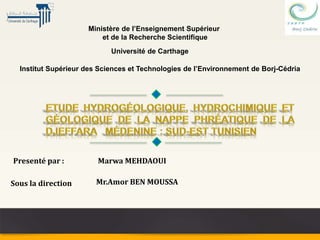 Presenté par : Marwa MEHDAOUI
Ministère de l’Enseignement Supérieur
et de la Recherche Scientifique
Sous la direction
Institut Supérieur des Sciences et Technologies de l’Environnement de Borj-Cédria
Université de Carthage
Mr.Amor BEN MOUSSA
 