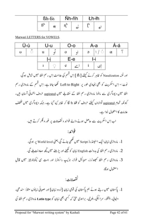 ßh-Бh                     Ňh-ňh                    Łh-łh
                         ɓʰ                ‫ٻھ‬          ɳʰ                   ɭʰ

Marwari LETTERS for VOWELS.

        Ů-ů                      U-u                       O-o                      A-a                  Á-á
    ʊ            ُ
                 ◌        u                ‫ُاو‬         o          ‫او‬        ə             َ
                                                                                        ‫◌/ا‬          α          ‫ٓا‬
                                      -                     E-e                     I-i
                             ɪ             ِ
                                           ◌           e         ‫اے‬             i         ‫ِای‬
    . ɇ Ȑ                                  ᑦ                    [ñ]        3 ᑻ               Nasalization

                                . ƴʩ               Left to Right ᐇ                            ï             -: *

        Ȑ +              ó aspirated                                                    ƈ  3ƴ*

                 3ƴ*                            ᑻ 3 h                    ó                    aspirated

                                                                                           . ɇ

             .   3               ᐇ ƴ                               ɇ ʩ  ï

                                                           :
             . ɇ ᐇ World level                   . ʩ                  Script             Ȁ ƴ                  .1
                                  ‫ﻛ‬
             .       ï                     ӆᐇ                    ƴ   English 3                                .2

Ȁɾ                      4                                    ƴ ᐇ ƴ               ᐇ                         .3

                                                                                                .ɇ

                                                       : ƴ
ᒅ        :           *ƴ +ƴ               [ ƴ        ] ƴ                   ƴ  ɇ                            ƴ .1

                     Latin type                 ƴ             3ȉ ɇᐇ ཷ                                  +


Proposal for “Marwari writing system” by Kashali                                                     Page 42 of 61
 