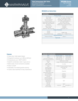 1
MS3000 Series
High Performance
2-Way
3-pc Body
High Performance Ball Valve
Up to 990 psi WOG (69 bar)
Multiple End Connections
Carbon, & Stainless Bar Stock Construction
Features
•	 Heavy duty, metal seated design
•	 Designed for pressure up to 990 psi (69 bar)
•	 Temperatures up to 1000°F (538°C)
•	 Ideal for condensate, steam or gas service
•	 Wide variety of end connections available
•	 Class V shutoff
•	 Adjustable, live-loaded graphite packing
•	 3-piece valve assembly for easy maintenance
MS3000X-xxx Series Valve
Materials of Construction
Part Stainless Steel Carbon Steel
Body A351 CF8M A216 WCB
End Cap (Upstream) A479-316L SS SA-A105 CS
End Cap (Downstream) A479-316L SS SA-A105 CS
Bonnet ASTM A351 CF3M
Ball 316SS / Chrome Carbide Coated
Stem, Valve
17-4 PH
Stem, Bonnet
Seat 316SS / Chrome Carbide Coated
Support Ring A479-316L SS
Seat Belleville Inconel
Seat Gasket
GraphiteBody Seal
Secondary Body Seal
Thrust Washer Carbon
Bonnet Gasket Graphite
Packing Graphite
Packing GLand 316SS
Packing Bellville
SST
Packing Nut
Stop Screw
Jam Nut
Handle Steel
Body Bolts A193 B7 A193 B8 CL1
Bonnet Bolts 304SS
Quick Spec
Product Scope
Size Range 1/4" – 2", 3" x 2" (sch. 160 pipe bore)
Body Type 3-pc, non Swing-out design
End Connections Flanged, NPT, Weld, Custom
Pressure Rating up to 990 psi WOG (69 bar)
Temperature Range / WSP up to 1000°F (538°C)
Body, Ball, Stem Material Standard & Special alloys,
Ball Seats 316SS Chrome Carbide Coated
Stem Packing Graphite
Body Seals Graphite
Operator / Mounting Pad Lever/ISO 5211
Design Standards
Design
Flange ASME B165
Thread/Weld Design ASME B1.20.1 / ASME B16.25
Testing Standards
Pressure Testing Class V
Approvals
 