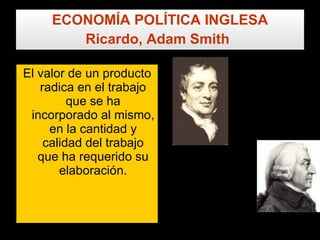 ECONOMÍA POLÍTICA INGLESA Ricardo, Adam Smith   El valor de un producto radica en el trabajo que se ha incorporado al mismo, en la cantidad y calidad del trabajo que ha requerido su elaboración. 