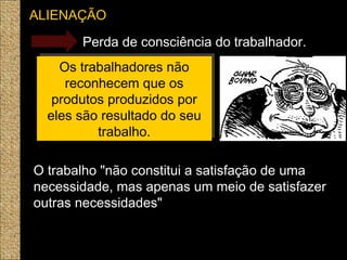 ALIENAÇÃO
Perda de consciência do trabalhador.
Os trabalhadores não
reconhecem que os
produtos produzidos por
eles são resultado do seu
trabalho.
Os trabalhadores não
reconhecem que os
produtos produzidos por
eles são resultado do seu
trabalho.
O trabalho "não constitui a satisfação de uma
necessidade, mas apenas um meio de satisfazer
outras necessidades" 
 