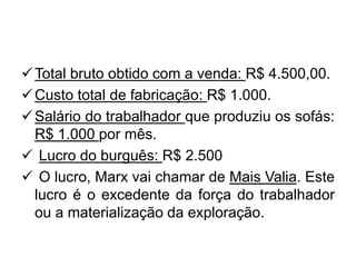 Total bruto obtido com a venda: R$ 4.500,00.
Custo total de fabricação: R$ 1.000.
Salário do trabalhador que produziu os sofás:
R$ 1.000 por mês.
 Lucro do burguês: R$ 2.500
 O lucro, Marx vai chamar de Mais Valia. Este
lucro é o excedente da força do trabalhador
ou a materialização da exploração.
 