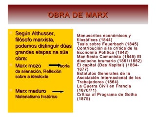 OBRA DE MARXOBRA DE MARX
 Según Althusser,Según Althusser,
filósofo marxista,filósofo marxista,
podemos distinguir dúaspodemos distinguir dúas
grandes etapas na súagrandes etapas na súa
obra:obra:
 Marx mozoMarx mozo TeoríaTeoría
da alienación, Reflexiónda alienación, Reflexión
sobre a ideoloxíasobre a ideoloxía
 Marx maduroMarx maduro
Materialismo históricoMaterialismo histórico
Manuscritos económicos y
filosóficos (1844)
Tesis sobre Feuerbach (1845)
Contribución a la crítica de la
Economía Política (1842)
Manifiesto Comunista (1848) El
dieciocho brumario (1851/1852)
El capital (Das Kapital) (1864-
1877)
Estatutos Generales de la
Asociación Internacional de los
Trabajadores (1864)
La Guerra Civil en Francia
(1870/71)
Crítica al Programa de Gotha
(1875))
 