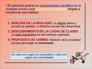 El marxismo postula un  conocimiento científico   de la realidad social  y una  programación política  dirigida a transformar esa realidad.  PUNTOS PRINCIPALES: ANÁLISIS DE LA REALIDAD :   La  religión  aliena y encubre la realidad. La filosofía nos permite interpretarla. DESCUBRIMIENTO DE LA LUCHA DE CLASES :   La  clase trabajadora  ha sido siempre explotada. PROPUESTA DE CAMBIO :   Abolición de la propiedad privada para llegar al  comunismo . De cada uno según su capacidad, a cada uno según sus necesidades 