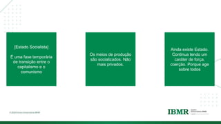 DIVISÓRI
A
[Estado Socialista]
É uma fase temporária
de transição entre o
capitalismo e o
comunismo
Os meios de produção
são socializados. Não
mais privados.
Ainda existe Estado.
Continua tendo um
caráter de força,
coerção. Porque age
sobre todos
 