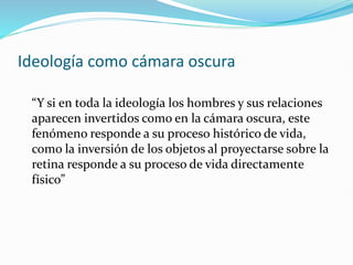Ideología como cámara oscura
“Y si en toda la ideología los hombres y sus relaciones
aparecen invertidos como en la cámara oscura, este
fenómeno responde a su proceso histórico de vida,
como la inversión de los objetos al proyectarse sobre la
retina responde a su proceso de vida directamente
físico”
 