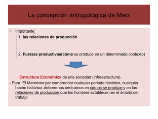 La concepción antropológica de Marx Importante: 1.  las relaciones de producción  2.  Fuerzas productivas(cómo  se produce en un determinado contexto)  Estructura Económica  de una sociedad (infraestructura).  - Para  El Marxismo par comprender cualquier periodo histórico, cualquier hecho histórico .deberemos centrarnos en  cómos se produce  y en las  relaciones de producción  que los hombres establecen en el ámbito del trabajo  