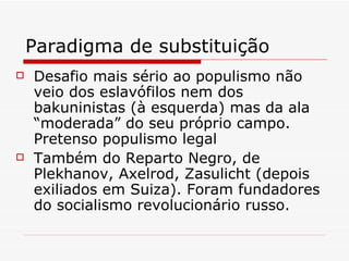 Paradigma de substituição Desafio mais sério ao populismo não  veio dos eslavófilos nem dos bakuninistas (à esquerda) mas da ala “moderada” do seu próprio campo. Pretenso populismo legal Também do Reparto Negro, de Plekhanov, Axelrod, Zasulicht (depois exiliados em Suiza). Foram fundadores do socialismo revolucionário russo. 
