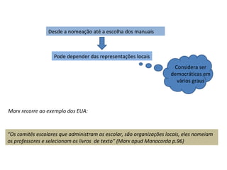 Desde a nomeação até a escolha dos manuais



                   Pode depender das representações locais
                                                                      Considera ser
                                                                     democráticas em
                                                                       vários graus




Marx recorre ao exemplo dos EUA:



“Os comitês escolares que administram as escolar, são organizações locais, eles nomeiam
os professores e selecionam os livros de texto” (Marx apud Manacorda p.96)
 