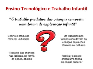 Ensino Tecnológico e Trabalho Infantil
 “O trabalho produtivo das crianças comporta
       uma forma de exploração infantil”

Ensino e produção                Os trabalhos nas
material unificados           fábricas não davam às
                                crianças aquisições
                               técnicas ou culturais


 Trabalho das crianças
 nas fábricas, na forma        Restituir à classe
   da época, abolido          artesã uma forma
                              de ensino superior
 