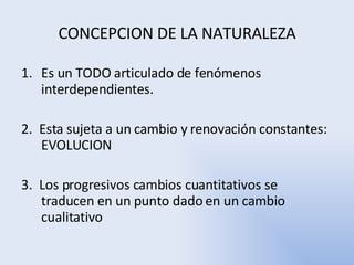 CONCEPCION DE LA NATURALEZA Es un TODO articulado de fenómenos interdependientes. 2.  Esta sujeta a un cambio y renovación constantes: EVOLUCION 3.  Los progresivos cambios cuantitativos se traducen en un punto dado en un cambio cualitativo 