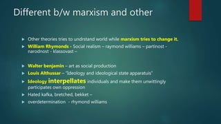 Different b/w marxism and other
Other theories tries to undrstand world while marxism tries to change it.
William Rhymonds - Social realism – raymond williams – partinost -
narodnost - klassovast –
Walter benjamin – art as social production
Louis Althussar – “Ideology and ideological state apparatuis”
Ideology interpellates individuals and make them unwittingly
participates own oppression
Hated kafka, bretched, bekket –
overdetermination - rhymond williams